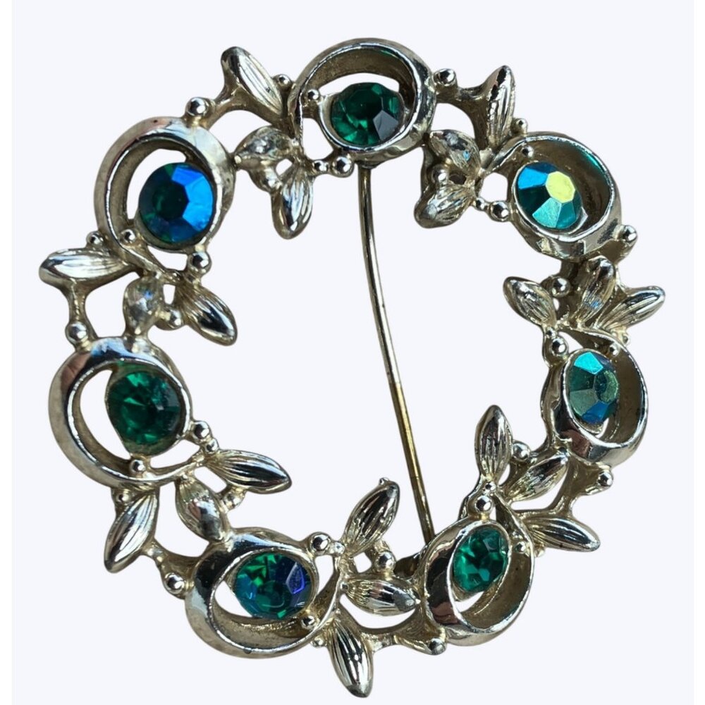 Vintage BSK Round Silver-Toned Brooch With Green Blue Rhinestones